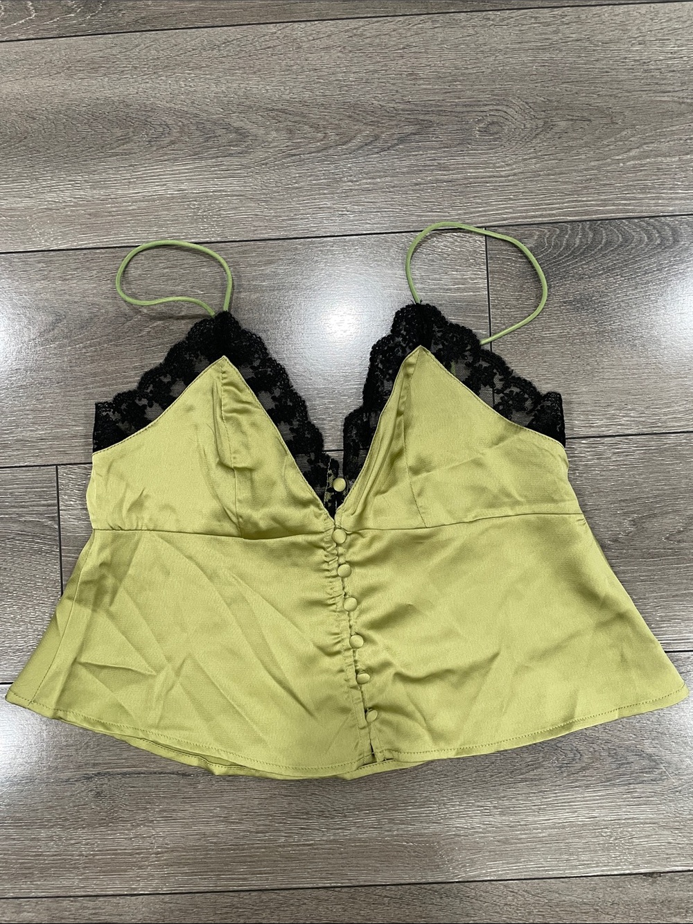 Cider Olive Green Satin Cami with Black Lace
